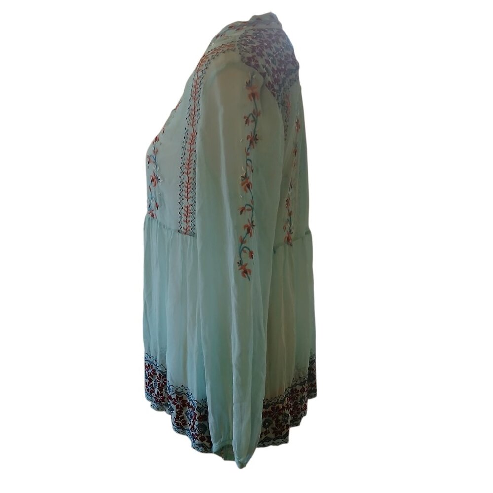 Antik Batik mint green silk top bohemian embroidered long sleeve size M - Picture 4 of 7